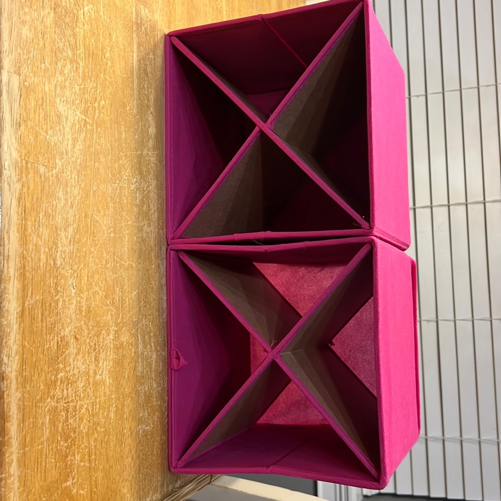 2 - 9x9 pink storage bins with dividers and lids.